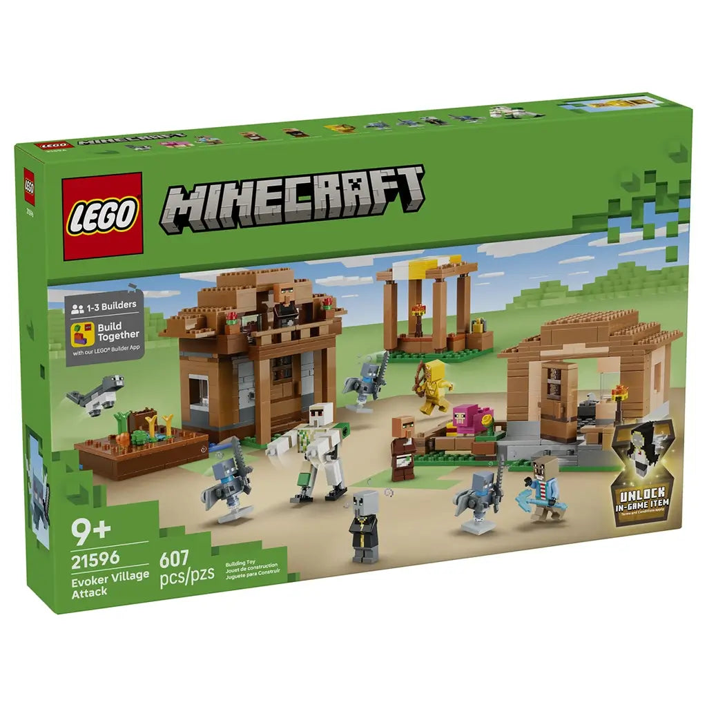 LEGO Minecraft Evoker Village Attack set 21596 box front in green shows brown village buildings, figures, mobs and accessories, with 607 pieces and an age 9+ label.