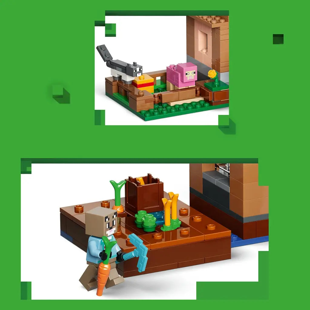 LEGO Minecraft Evoker Village Attack details in brown, green and pink bricks show a cat and sheep by a fenced pen, plus a villager farming carrots with a blue pickaxe.