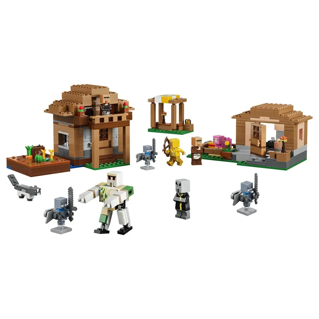 LEGO Minecraft Evoker Village Attack set in brown, tan and green bricks displays village buildings, farm plots, an iron golem, villagers, mobs and accessories on white.