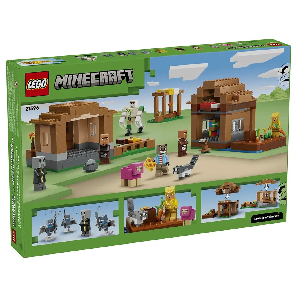 LEGO Minecraft Evoker Village Attack set 21596 box back in green shows brown village buildings, an iron golem, villagers, animals and illustrated action play features.