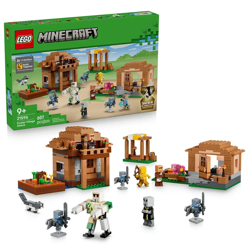 LEGO Minecraft Evoker Village Attack set 21596 in brown, tan and green bricks shows village builds, figures and mobs beside the green 607-piece product box on white.