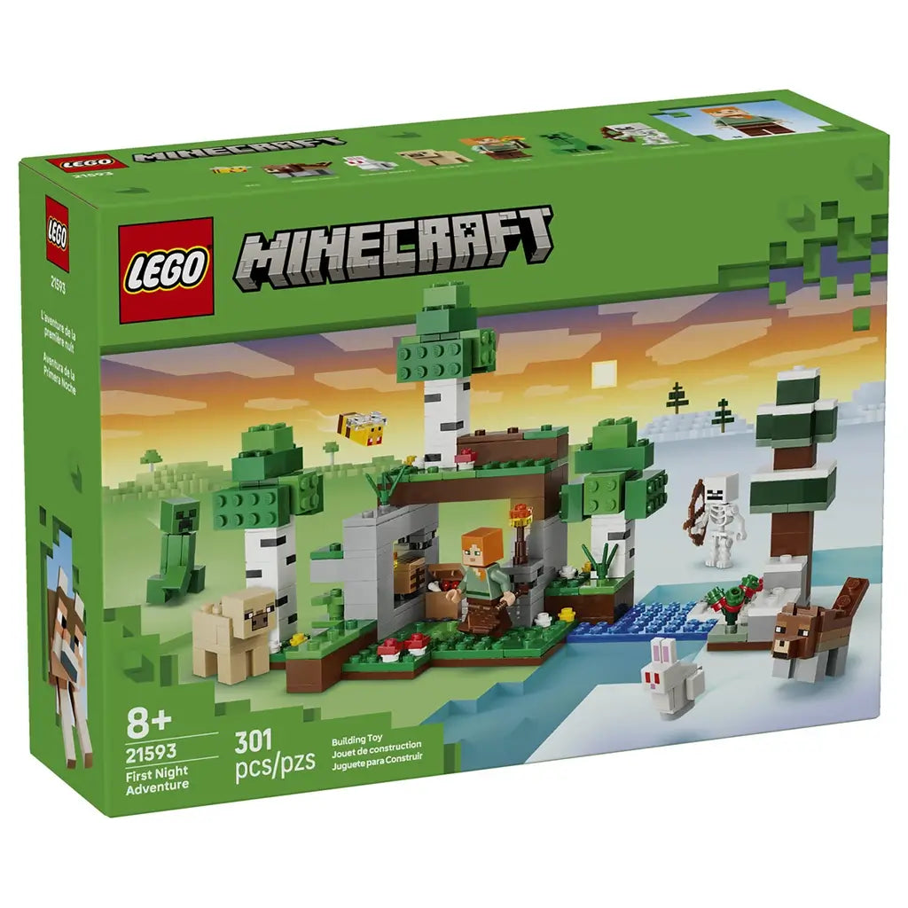 LEGO Minecraft First Night Adventure set 21593 box front in green shows a colorful forest shelter with Alex, Creeper, skeleton and animals, labeled 301 pieces for ages 8+.