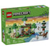LEGO Minecraft First Night Adventure set 21593 box front in green shows a colorful forest shelter with Alex, Creeper, skeleton and animals, labeled 301 pieces for ages 8+.