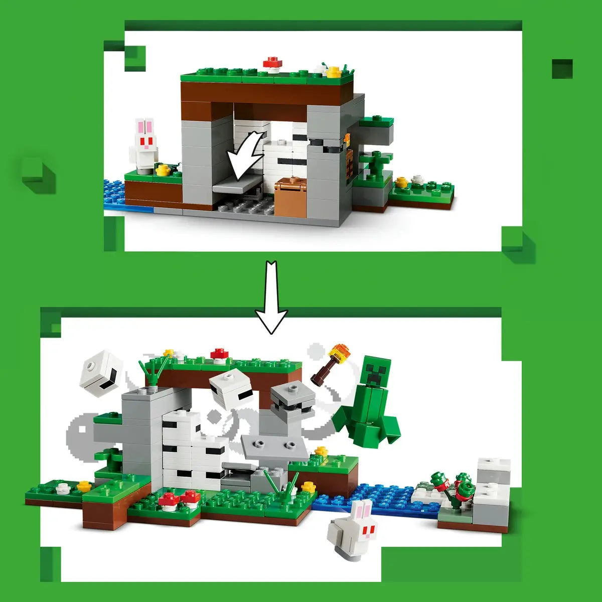 LEGO Minecraft First Night Adventure play feature shows a green, white and brown brick shelter changing into an exploded scene with a Creeper, rabbit and accessories.