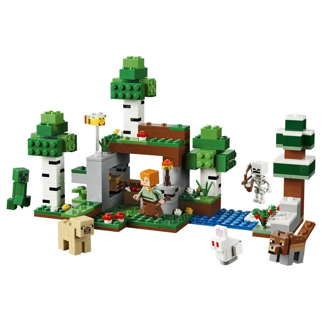 LEGO Minecraft First Night Adventure build features green, white and brown brick forest scenery with Alex, Creeper, skeleton, sheep, rabbit and wolf on a white background.