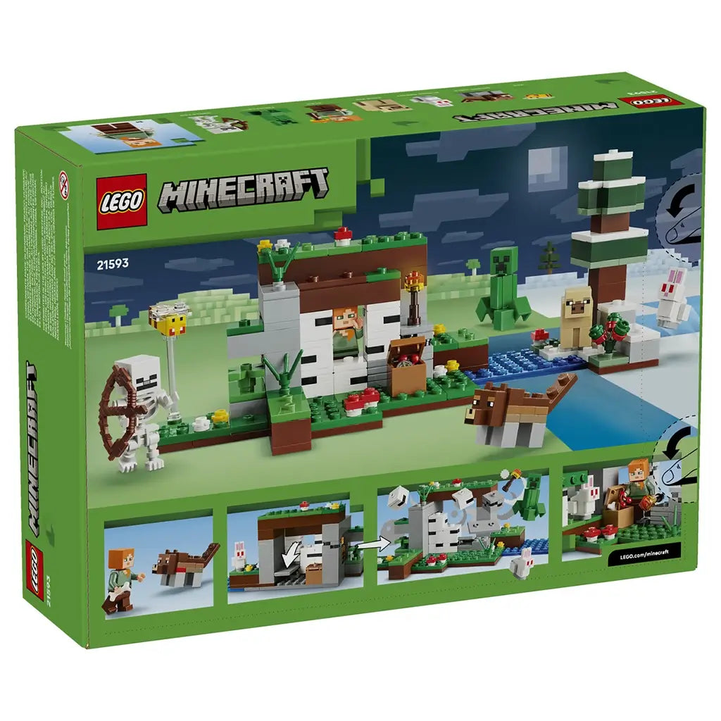 LEGO Minecraft First Night Adventure set 21593 box back in green shows the colorful brick shelter, birch trees, Alex, mobs and animals, plus illustrated play features.