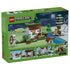 LEGO Minecraft First Night Adventure set 21593 box back in green shows the colorful brick shelter, birch trees, Alex, mobs and animals, plus illustrated play features.