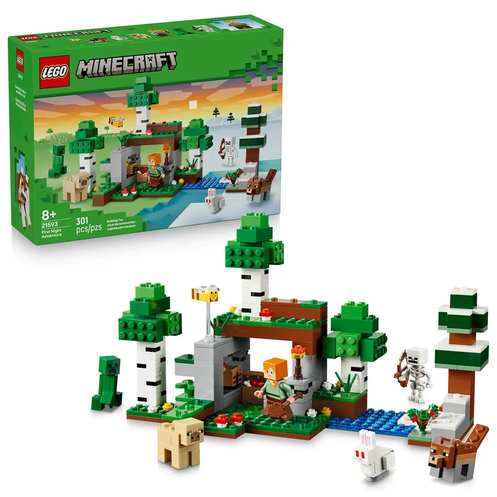 LEGO Minecraft First Night Adventure set 21593 pairs its green product box with a brick forest shelter, Alex, Creeper, skeleton, sheep, rabbit and wolf on white.