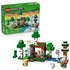 LEGO Minecraft First Night Adventure set 21593 pairs its green product box with a brick forest shelter, Alex, Creeper, skeleton, sheep, rabbit and wolf on white.