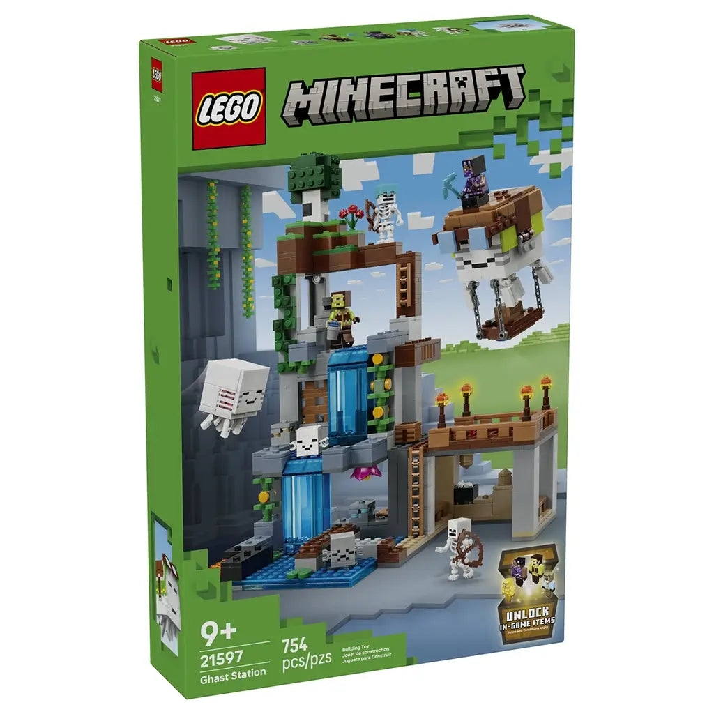 LEGO Minecraft Ghast Station set 21597 box front in green shows the gray, brown and blue station, flying ghast, figures, 754 pieces, and an age 9+ label.