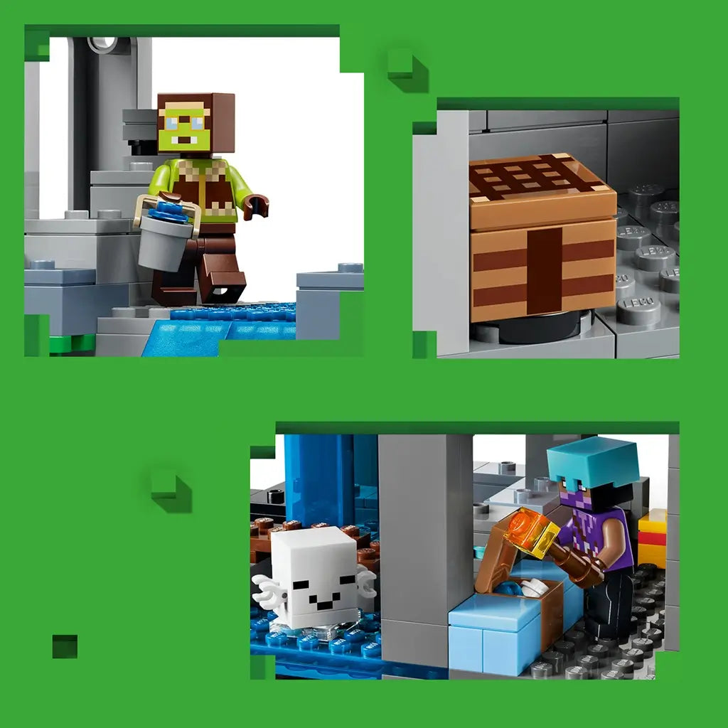LEGO Minecraft Ghast Station play features on a green graphic show a character with a bucket, a crafting block, and a figure opening a chest beside a small ghast.