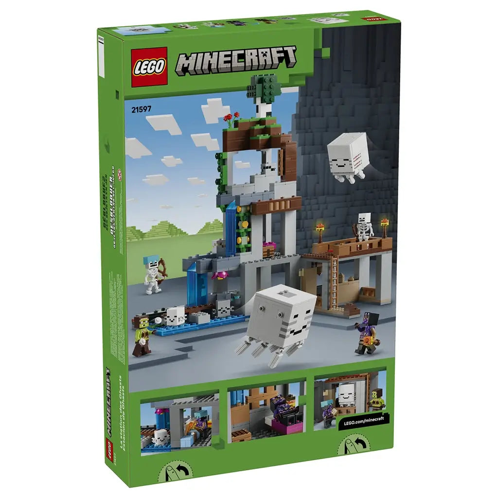 LEGO Minecraft Ghast Station set 21597 box back in green shows the gray, brown and blue station build, ghasts, skeletons, minifigures and illustrated play features.