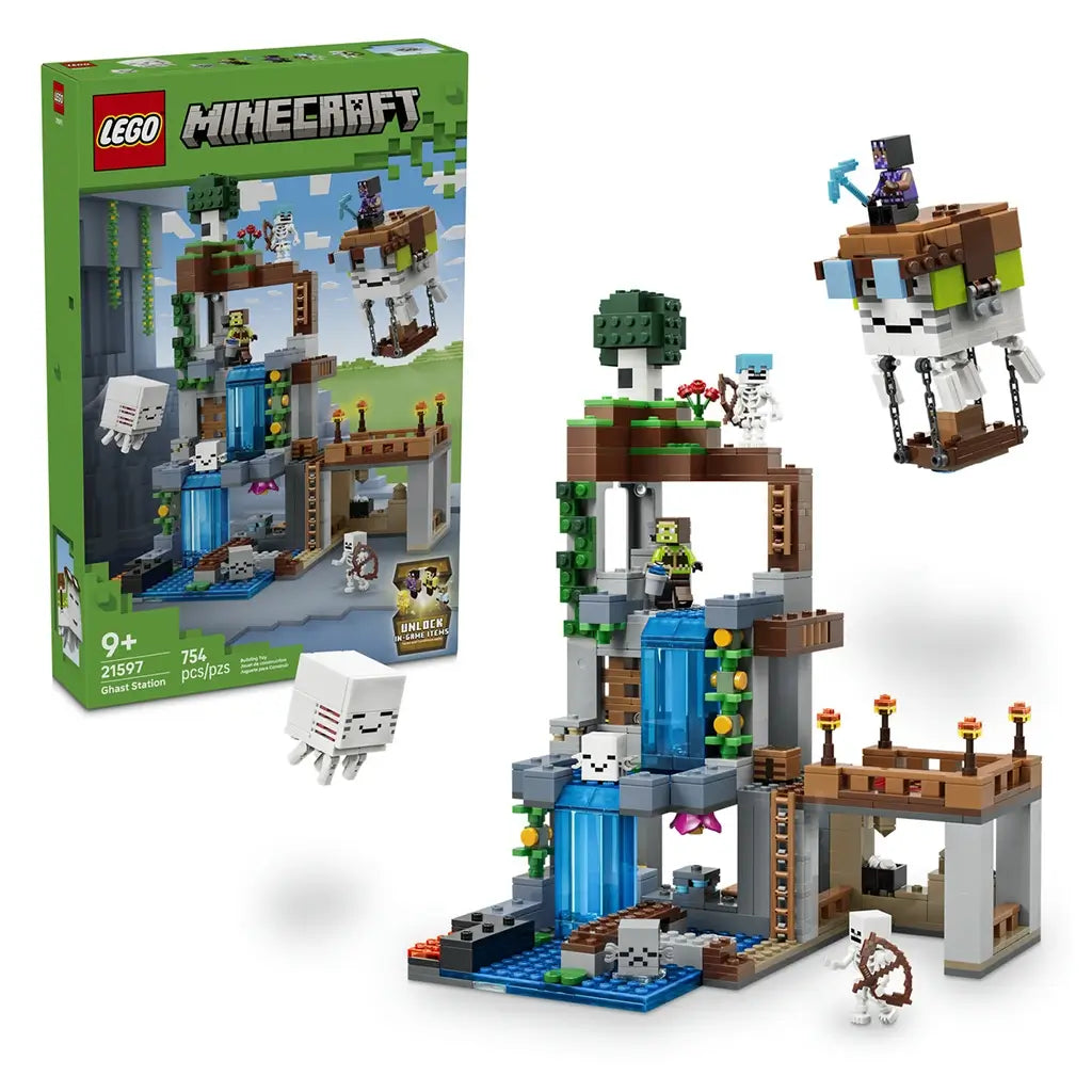 LEGO Minecraft Ghast Station set 21597 in gray, brown, green and blue bricks shows the station, ghasts and figures beside the green 754-piece product box on white.