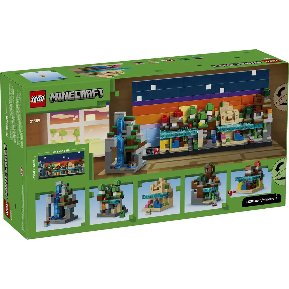 LEGO Minecraft Mini Biomes package back shows the green cardboard box with multiple images of modular biome builds, dimensions, and alternate configurations presented in a structured grid layout.