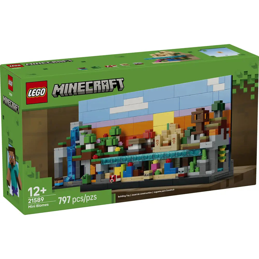 LEGO Minecraft Mini Biomes box features green cardboard packaging with a clear product image of a multicolored brick-built biome display, labeled set 21589 and highlighting the 797-piece construction set.