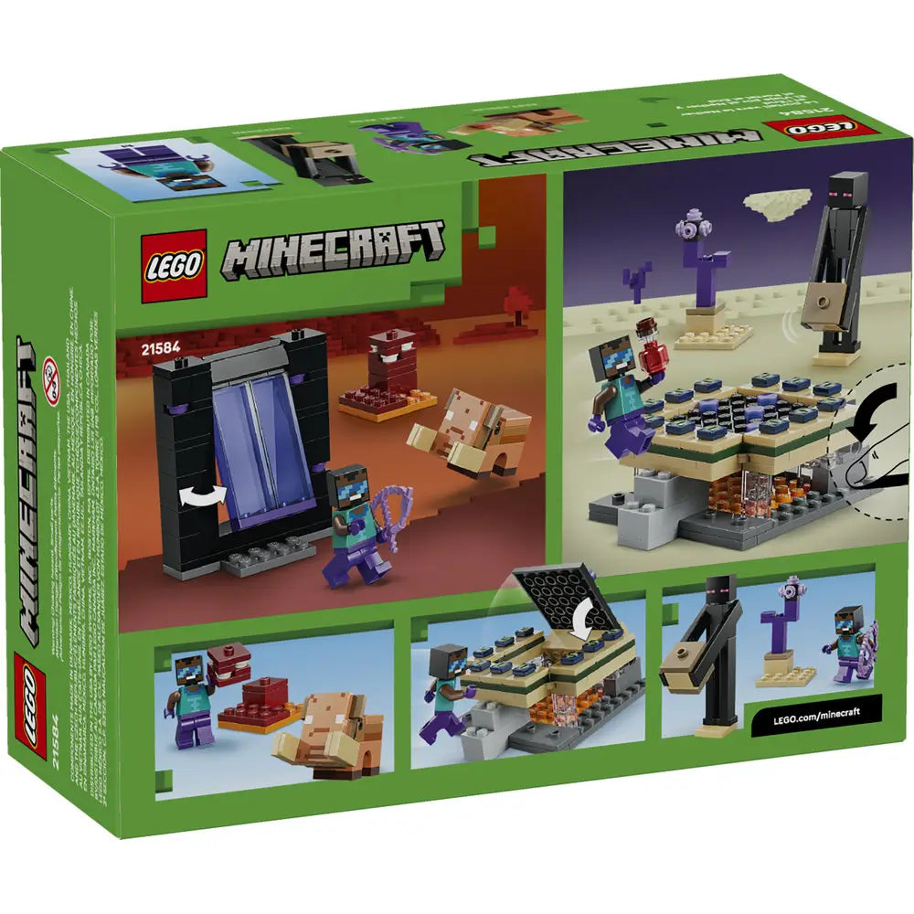 LEGO Minecraft Nether & End Portal Journey package back showing black and purple portal, tan terrain build, and figures, plastic block construction toy with modular features, illustrated play functions and scenes on a green Minecraft-themed box.