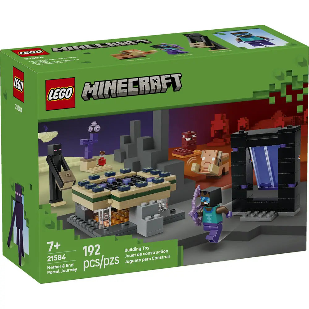 LEGO Minecraft Nether & End Portal Journey box front with green packaging showing black and purple brick portal, tan platform, and figures, block-style plastic construction toy for kids, set against a stylized Minecraft Nether background.