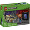 LEGO Minecraft Nether & End Portal Journey box front with green packaging showing black and purple brick portal, tan platform, and figures, block-style plastic construction toy for kids, set against a stylized Minecraft Nether background.