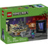 LEGO Minecraft Nether & End Portal Journey box front with green packaging showing black and purple brick portal, tan platform, and figures, block-style plastic construction toy for kids, set against a stylized Minecraft Nether background.