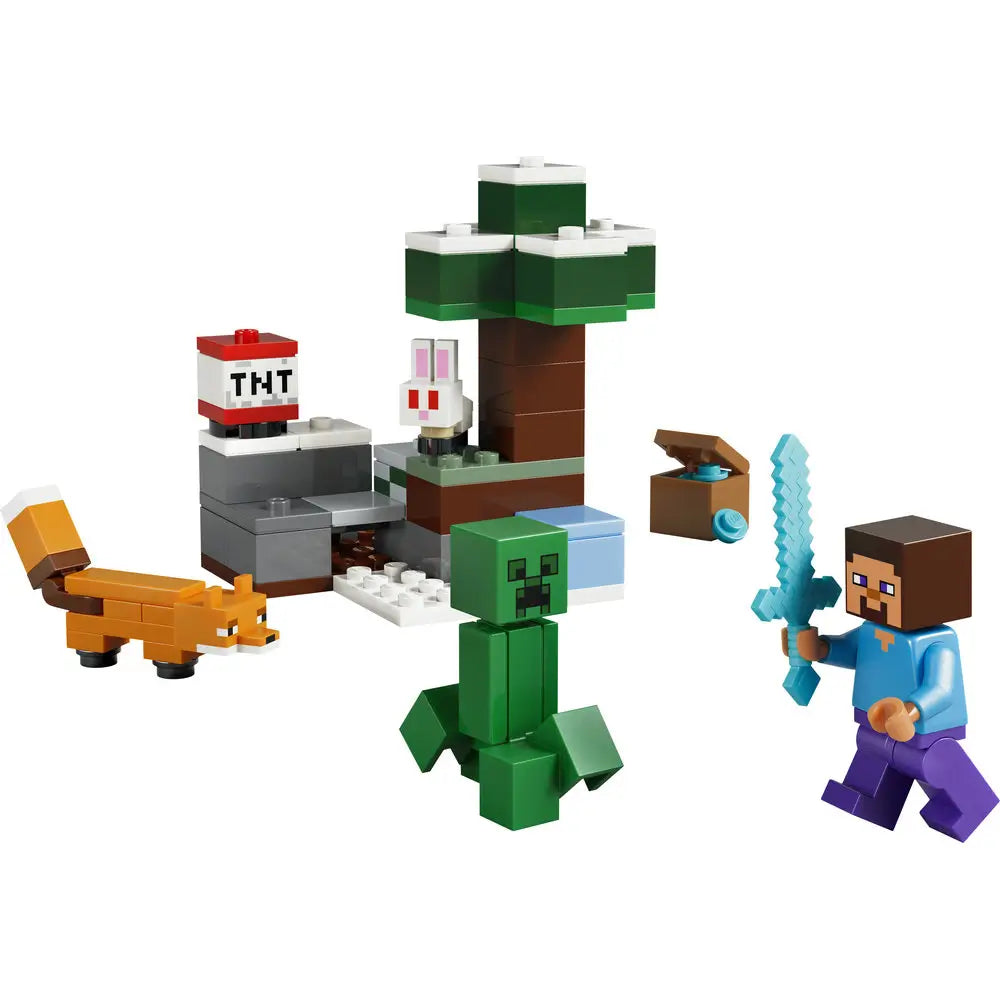 LEGO Minecraft Steve’s Taiga Adventure set featuring white, green, and brown plastic bricks, blocky cubic terrain with tree and snow details, designed for imaginative play, including Steve, Creeper, fox, TNT, and accessory elements.