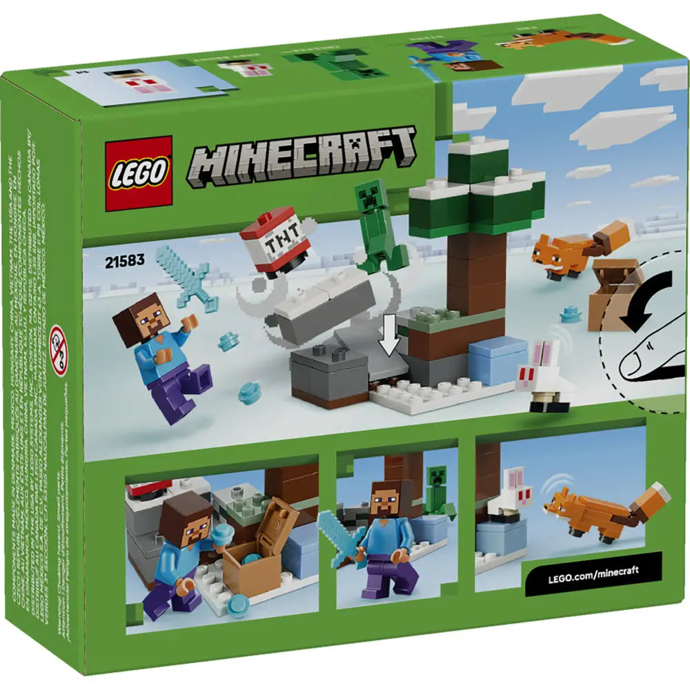 LEGO Minecraft Steve’s Taiga Adventure package back showing white and green taiga terrain, TNT feature, and character figures, plastic block construction toy with modular play functions illustrated on a green Minecraft-themed box.