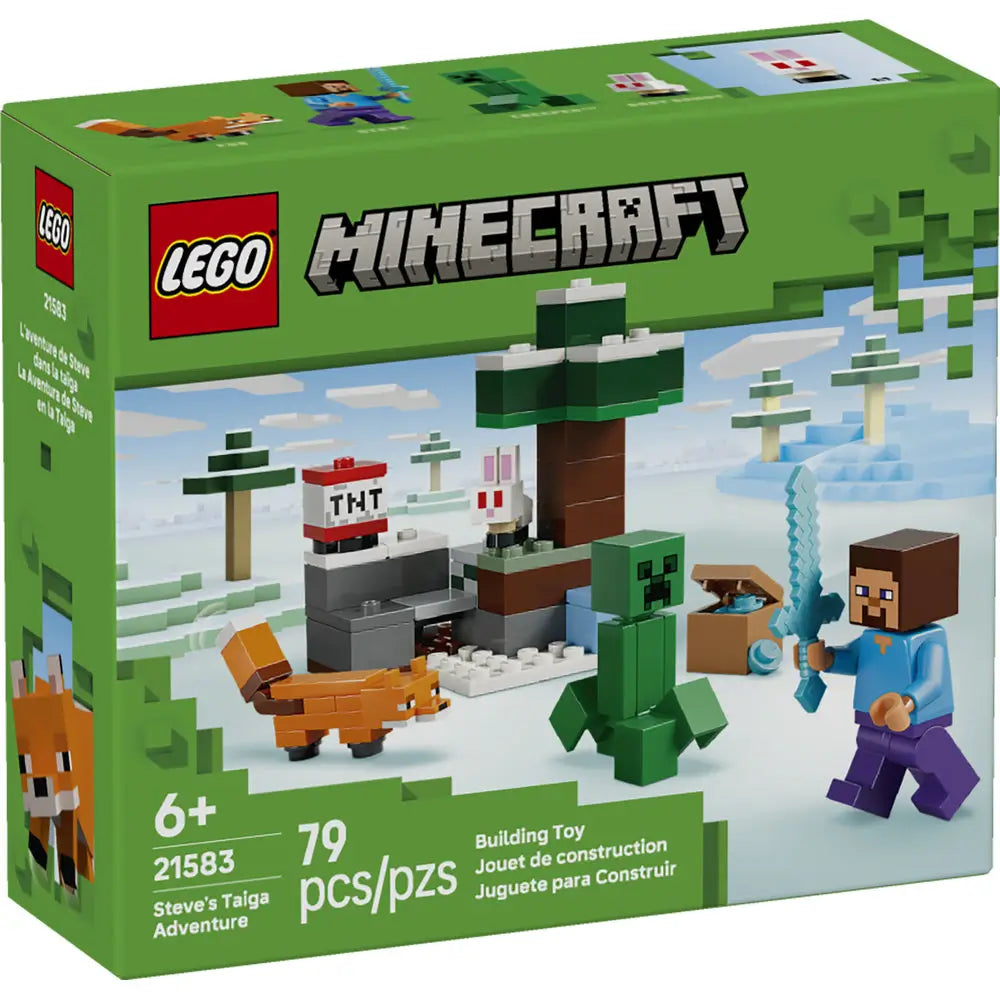 LEGO Minecraft Steve’s Taiga Adventure box front with green packaging showing block-style white and green taiga build, Steve holding a blue sword, Creeper, fox, and TNT, set against a snowy Minecraft landscape background.