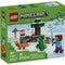LEGO Minecraft Steve’s Taiga Adventure box front with green packaging showing block-style white and green taiga build, Steve holding a blue sword, Creeper, fox, and TNT, set against a snowy Minecraft landscape background.