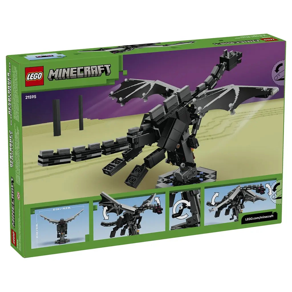 LEGO Minecraft The Ender Dragon set 21595 box back in green shows the black and gray articulated dragon, display dimensions and illustrated wing and pose functions.