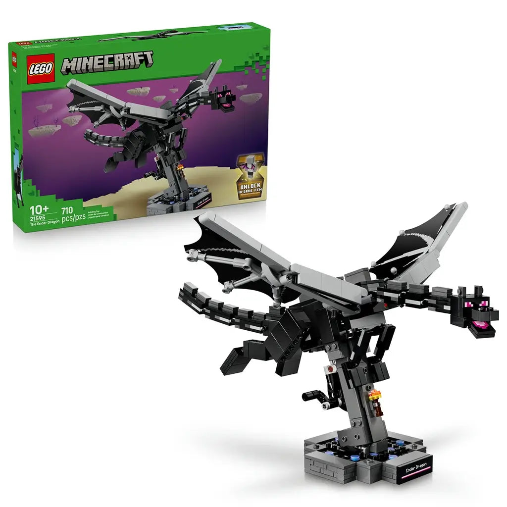 LEGO Minecraft The Ender Dragon set 21595 in black and gray bricks shows the articulated dragon on its display stand beside the green 710-piece product box on white.