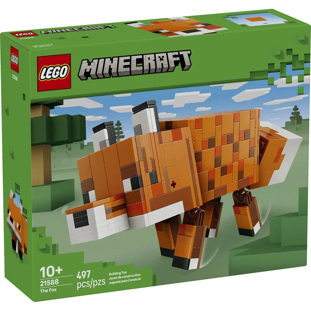 LEGO Minecraft The Fox box front shows green cardboard packaging with a large image of the orange brick-built fox character, labeled set 21588 for ages ten plus with 497 pieces.