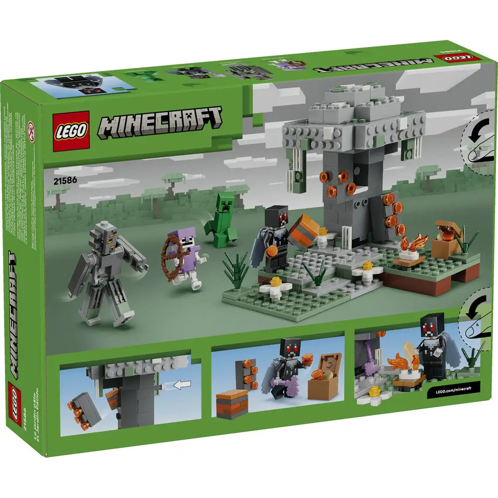 LEGO Minecraft The Pale Garden package back shows green box packaging with images highlighting play features, removable sections, character accessories, and step-by-step building details.