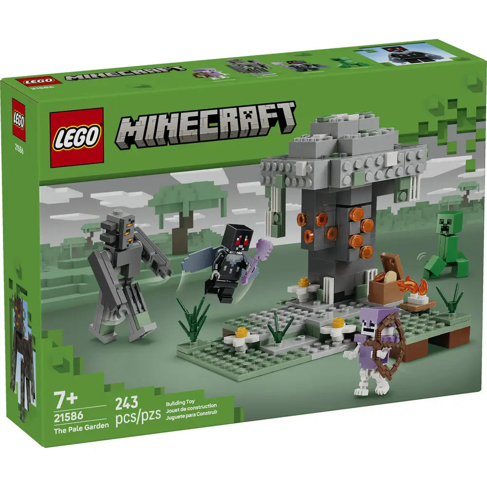 LEGO Minecraft The Pale Garden box front displays green cardboard packaging with a large image of the stone garden structure, hostile mobs, and terrain details, labeled set 21586 with 243 pieces for ages seven and up.
