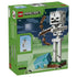 LEGO Minecraft The Skeleton set 21594 box back in green shows the white and gray skeleton with brown bow, turquoise helmet and small turquoise accessory on a grassy base.