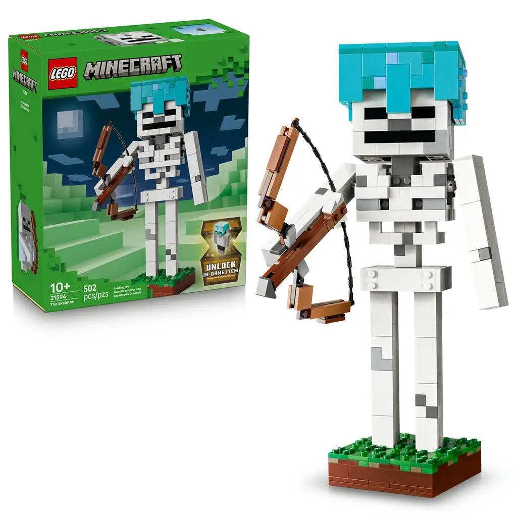 LEGO Minecraft The Skeleton set 21594 shows a white and gray brick skeleton with turquoise helmet and articulated brown bow beside its green 502-piece product box.