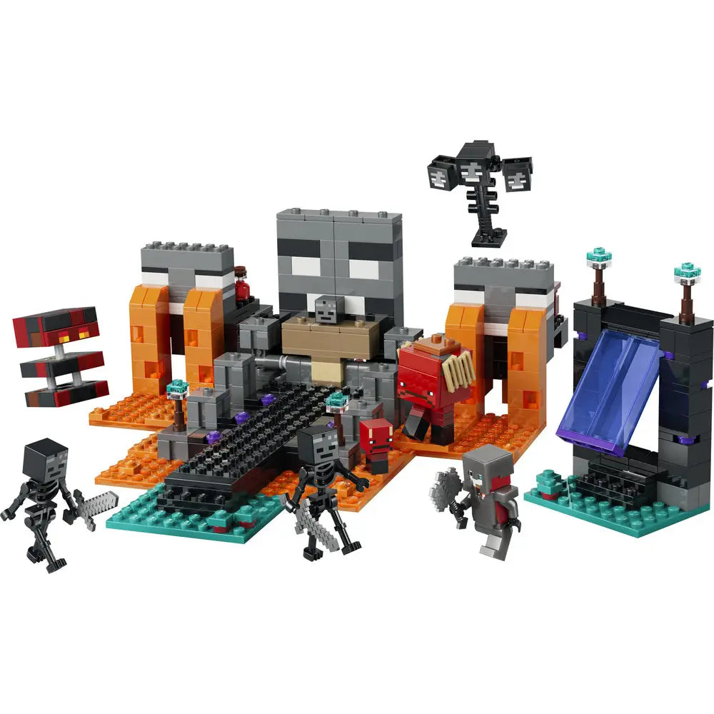 LEGO Minecraft Wither Battle set, dark gray, black, orange, and teal plastic bricks with a blocky pixel-style texture, large fortress build featuring flowing lava, Wither boss, skeleton figures, and portal elements on a white background.
