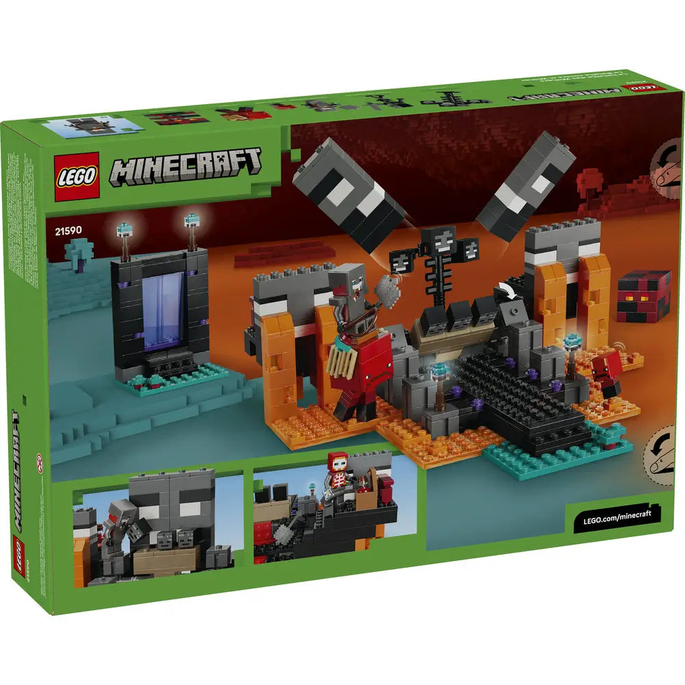 LEGO Minecraft Wither Battle package back, green cardboard box with a matte texture, rectangular layout showing alternate build angles, play features, character details, safety information, and official LEGO Minecraft branding.