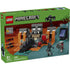 LEGO Minecraft Wither Battle box front, bright green cardboard packaging with a glossy finish, rectangular retail box shape, showing the lava fortress build, Wither boss figure, skeleton enemies, age 8+ label, and 494-piece count.