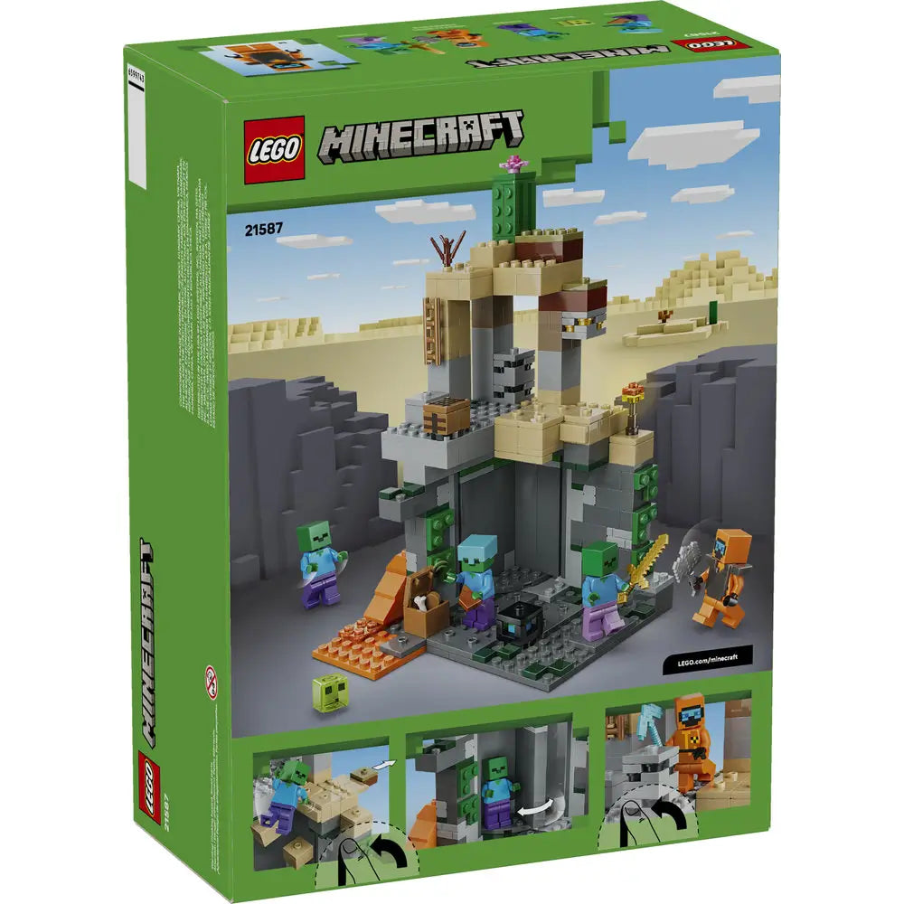 LEGO Minecraft Zombie Dungeon package back shows green box packaging with multiple images highlighting play features, movable sections, character placement options, and step-by-step building details for the set.