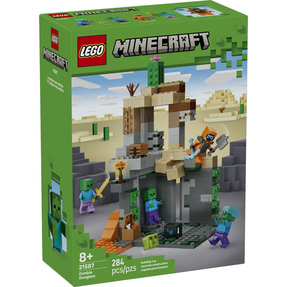 LEGO Minecraft Zombie Dungeon box front shows green cardboard packaging with a large image of the desert ruin build, zombie characters, and an explorer figure, labeled set 21587 with 284 pieces for ages eight and up.