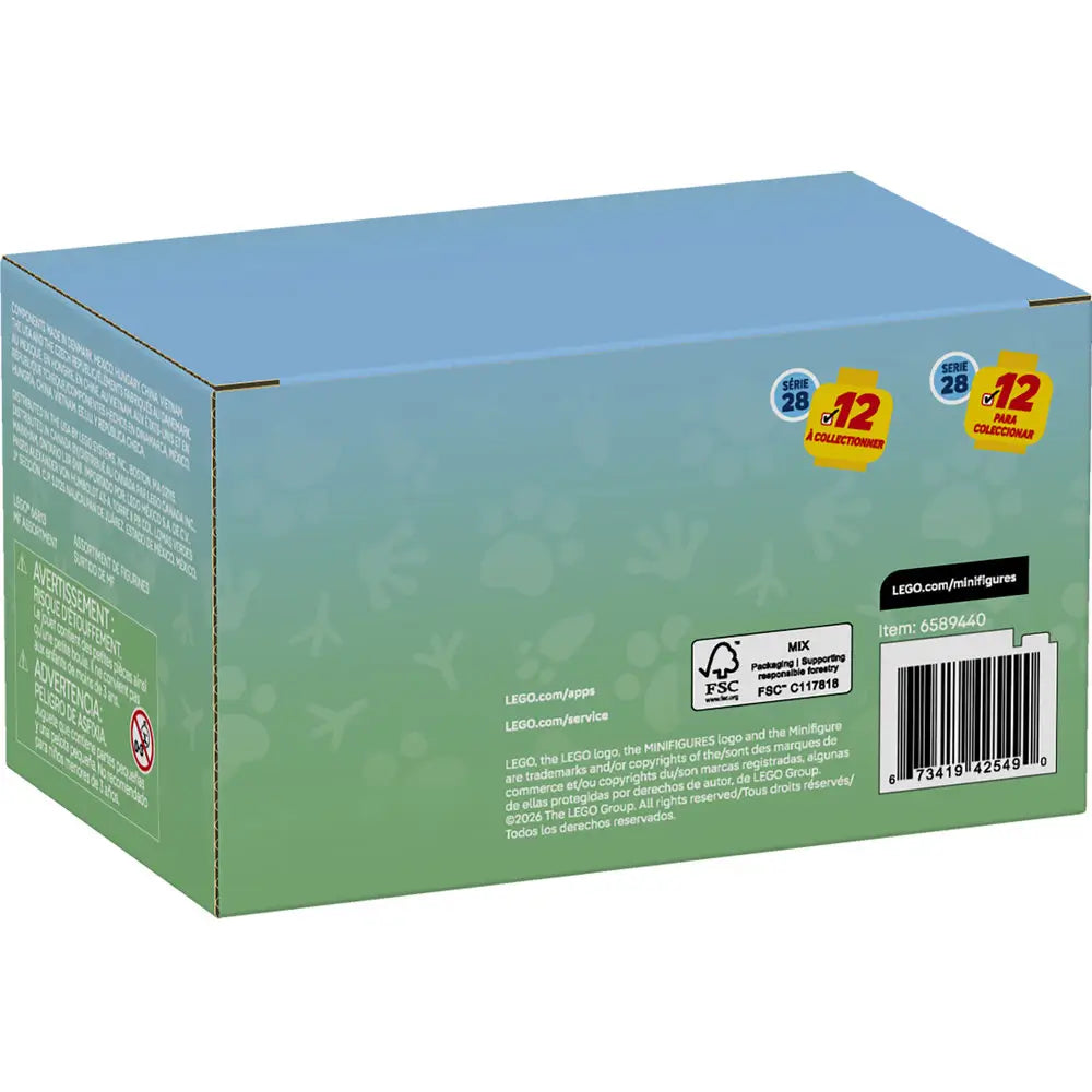 LEGO Minifigures Series 28 outer carton back shows light blue and green cardboard packaging with barcode, FSC certification, recycling icons, item number, and multilingual manufacturing, safety, and distribution information.