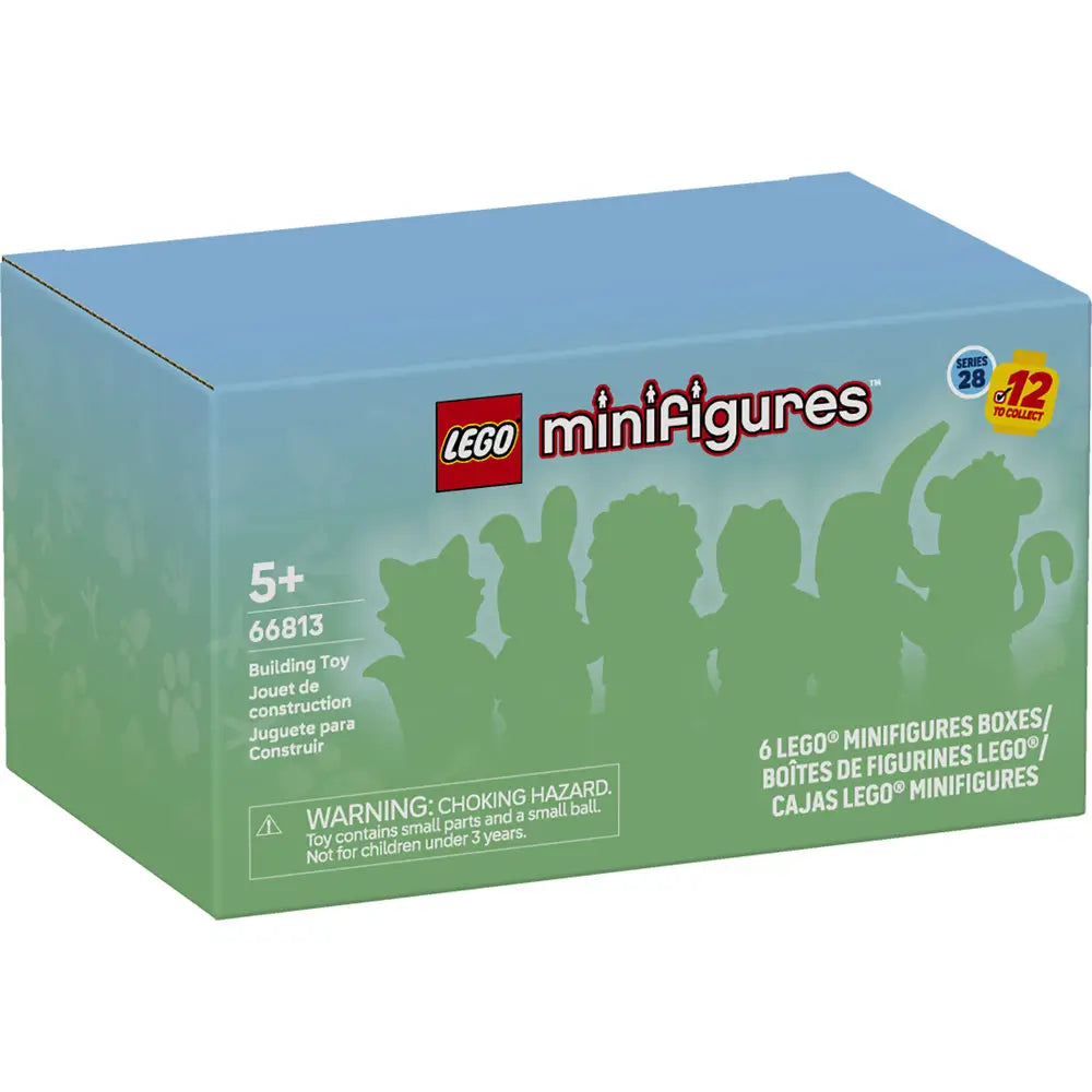 LEGO Minifigures Series 28 outer box features light blue and green cardboard packaging with playful animal-themed silhouettes, LEGO minifigures logo, age 5+ marking, and text indicating six collectible blind boxes inside.