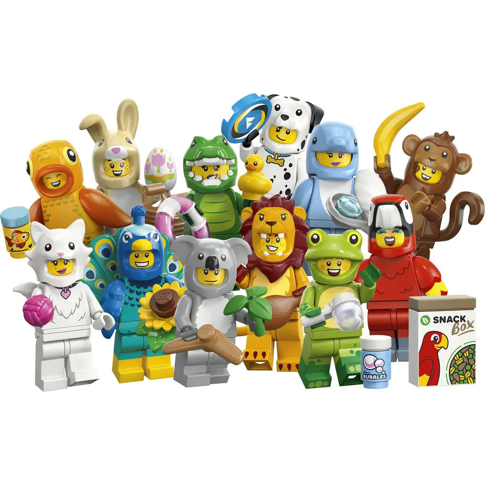 LEGO Minifigures Series 28 animal costume characters grouped together on a white background, featuring bright costumes like bunny, crocodile, lion, frog, parrot, dolphin, koala, monkey, and other playful animal outfits with accessories.