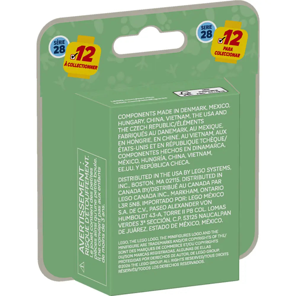 LEGO Minifigures Series 28 blind bag back packaging shows product information, multilingual text, safety warnings, and manufacturing details on a green background.
