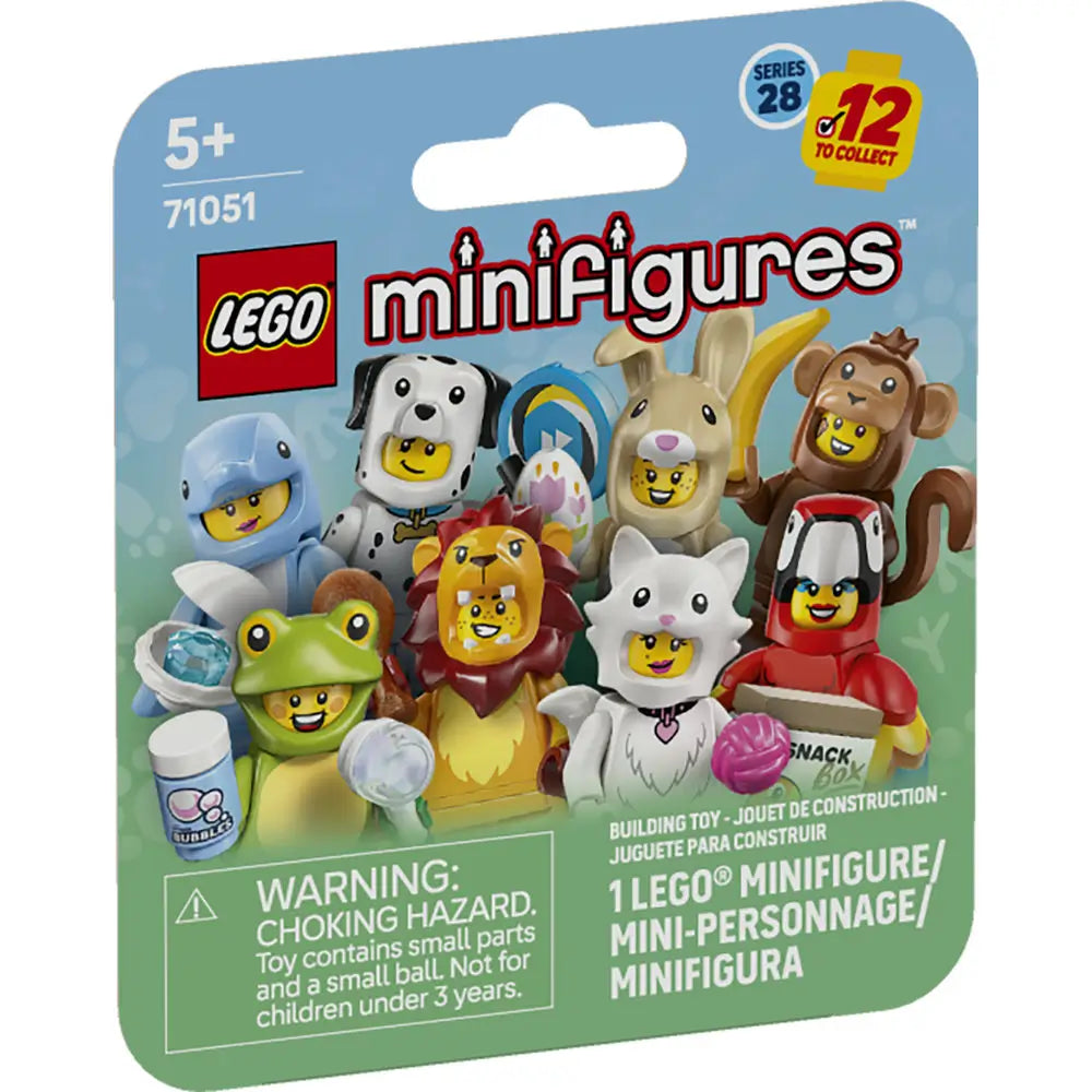 LEGO Minifigures Series 28 blind bag front packaging displays animal themed minifigures including bunny, dalmatian, lion, frog, parrot, and monkey, with set number 71051, age 5+, and “12 to collect” badge.