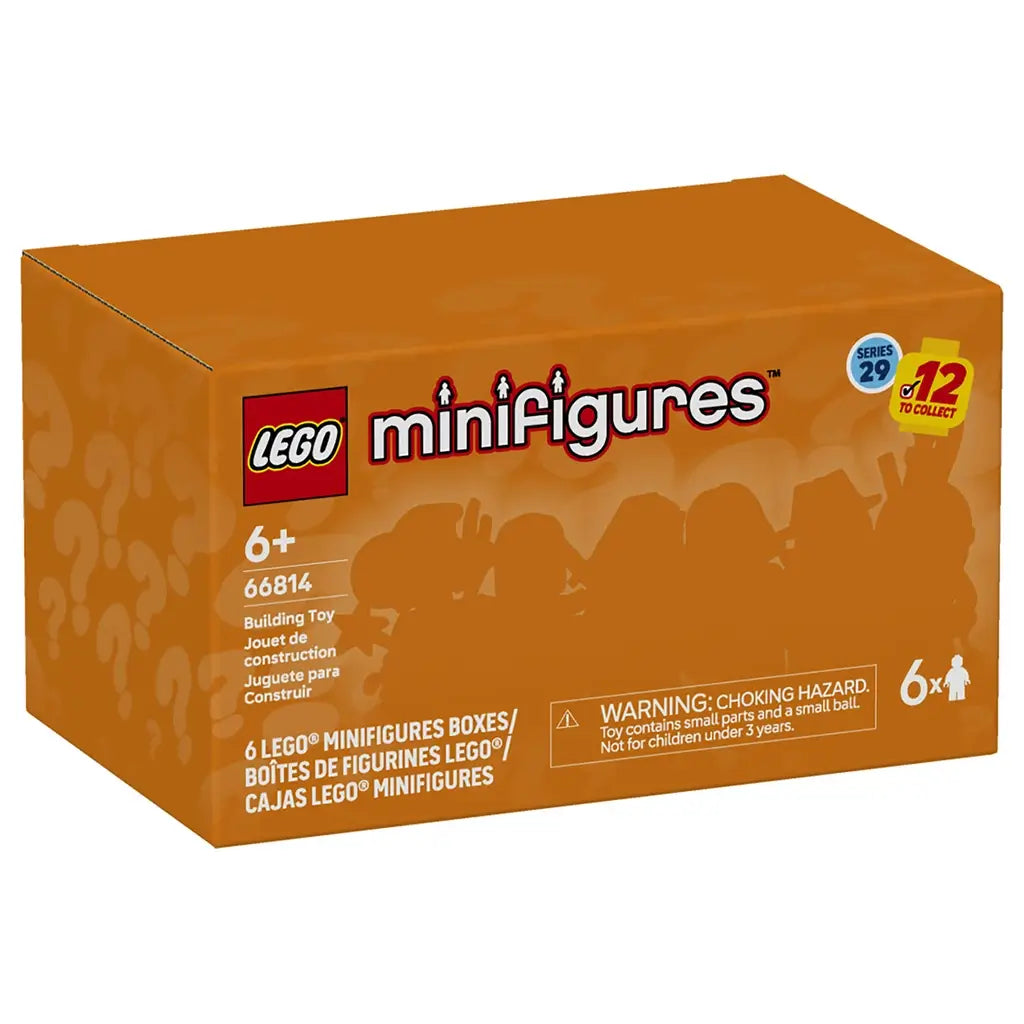 LEGO Minifigures Series 29 box, orange cardboard rectangular packaging with logo graphics, age guidance and collectible markings, building toy six-pack container shown from the front on a plain light gray background.