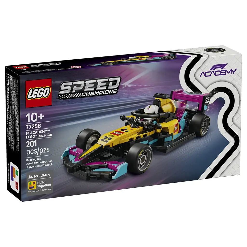 LEGO Speed Champions F1 Academy box, black white and purple printed cardboard packaging with race car graphics, product details and feature panels shown from the back on a light gray background.
