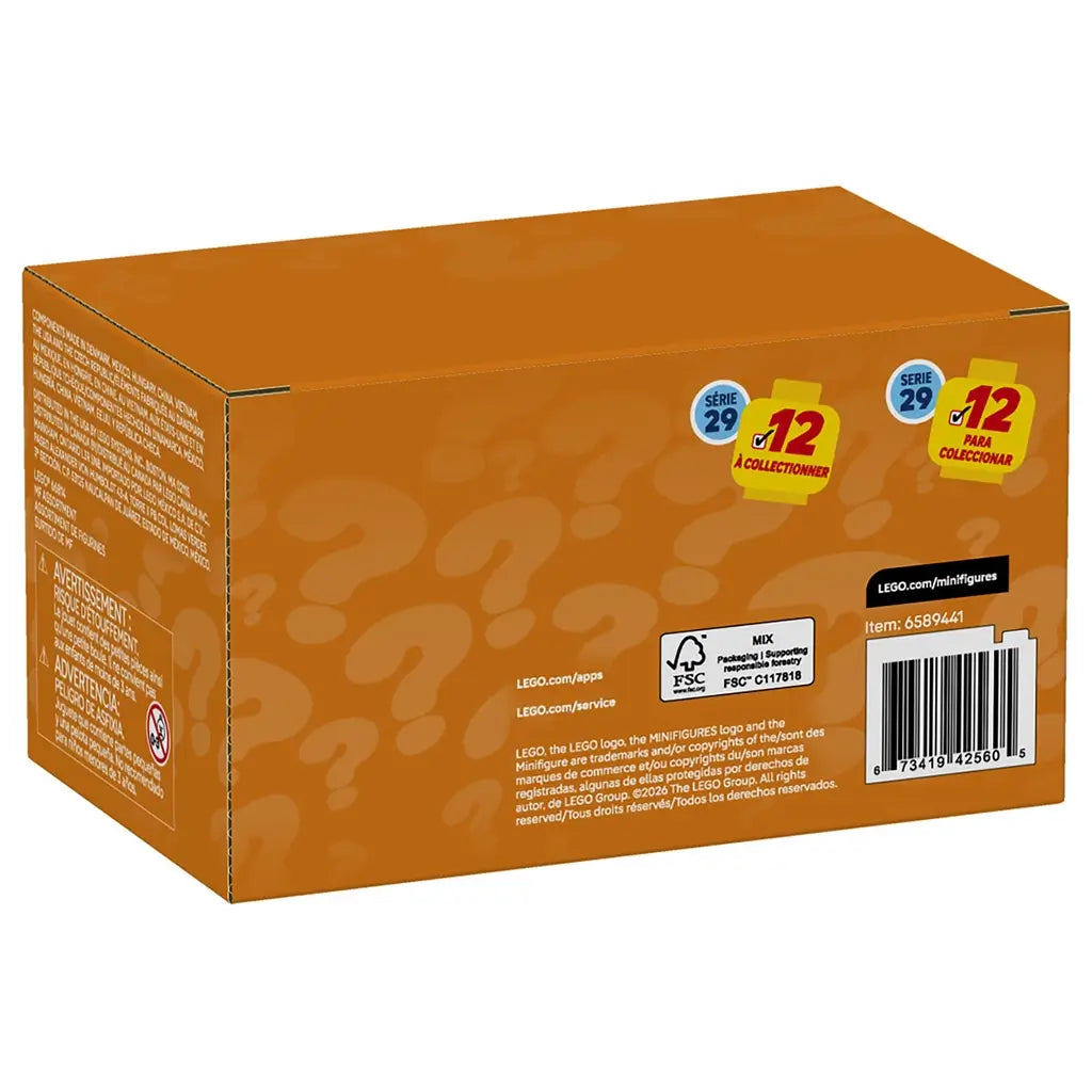 LEGO Minifigures Series 29 box, orange cardboard rectangular package with a matte printed question-mark pattern, collectible toy packaging shown from the back with barcode, safety details and branding on a light gray background.