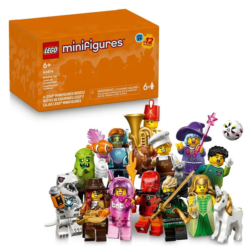 LEGO Minifigures Series 29 mystery box set, orange cardboard rectangular package with printed character silhouettes, collectible building toy multipack displayed above assorted colorful minifigures on a clean light gray background.