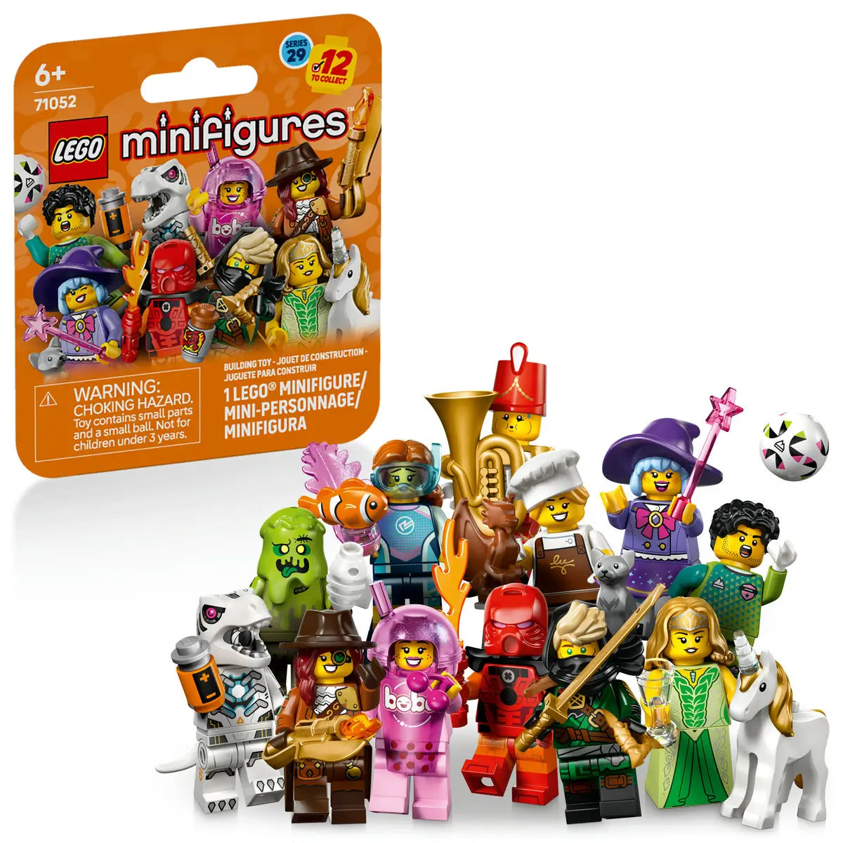 LEGO Minifigures Series 29 blind bag and collectible toy figures display colorful plastic fantasy, music, and adventure characters beside orange retail packaging.
