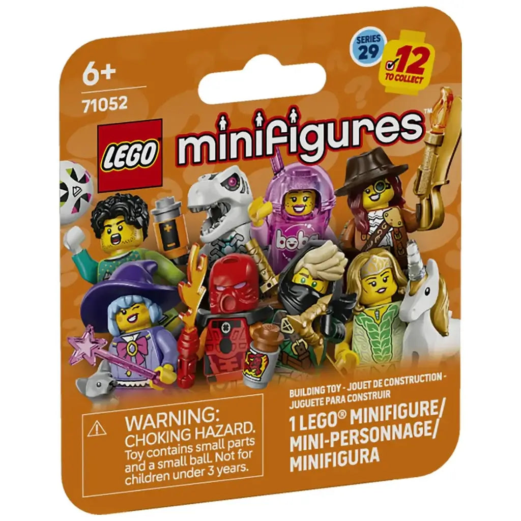 LEGO Minifigures Series 29 blind bag shows colorful plastic collectible characters including a wizard, ninja, unicorn rider, and dinosaur costume figure on orange packaging.